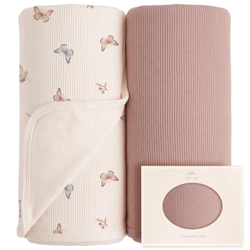 Image of Konssy Ribbed Knit Baby Blankets 2 Pack, Stretchy Lightweight Swaddle Blanket for Boys & Girls, Soft Cozy Receiving Wrap for Newborns, Infants, & Toddlers, 33x42 Inch