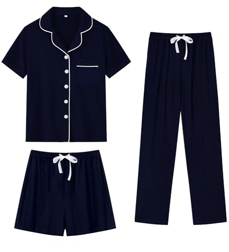 Image of SWOMOG Womens 3pcs Button Down Pajamas Set Short Sleeve Sleepwear Bride Pj Lounge Set with Long Pants