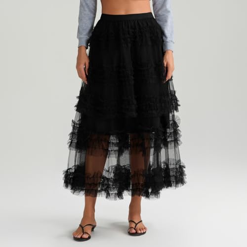 Women Long Tulle Tiered Skirt Fairy Skirt Tutu A-Line Sheer Mesh Layered High Elastic Waist Streetwear Skirts2