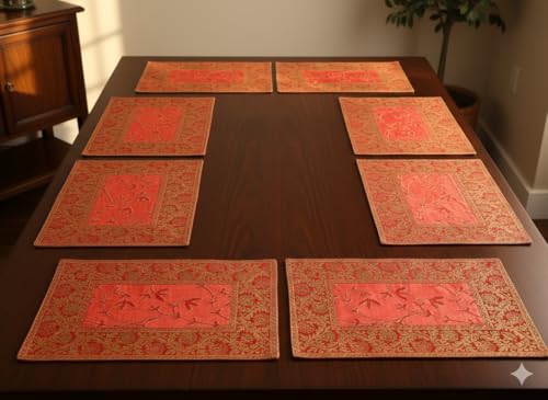 Image of Brocade Silk Placemats for Dinning Table 12 x 18 Inches Hand Embroidered, Set of 6 Decorative Placemats for Home (Orange)