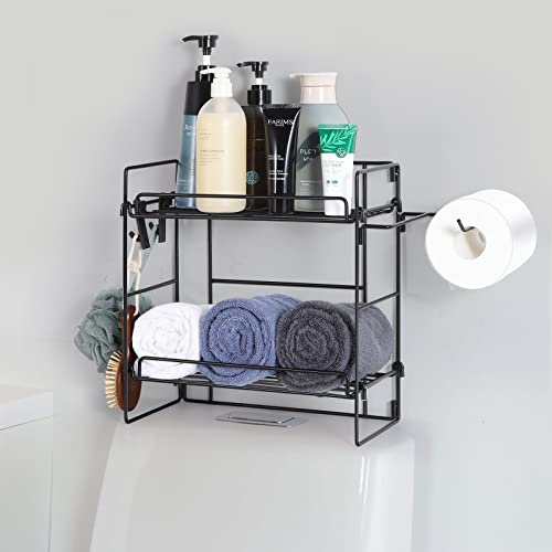 Etagere Salle de Bain,Panier de Cuisine ou Salle de Bain sans Perçage, Étagère Murale Noire de Rangement pour Douche et Baignoire avec Crochets pour Accessoires Cover