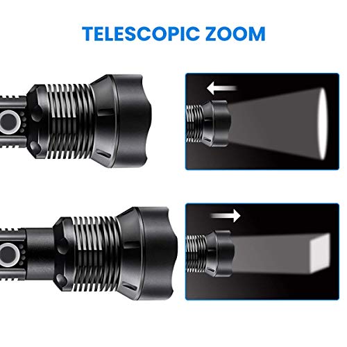 LED Flashlight, High Lumens, Zoomable & Most Powerful Torch with 26650 Battery & USB Rechargeable, 3 Modes Searchlight for Outdoor or Home Emergency (P70 - Black)