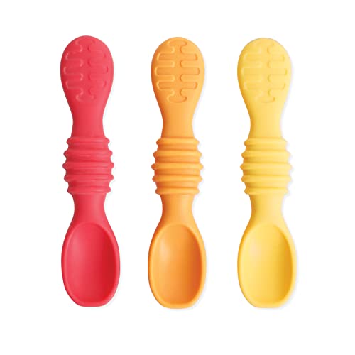 Image of Bumkins Baby Utensil Set, Silicone Trainer Spoons for Dipping, Soft Tip, Self-Feeding, Chew, Baby Led Weaning, First Year Training Supplies, Essentials in Learning Eating, 4 Mos, 3-pk Red and Yellow