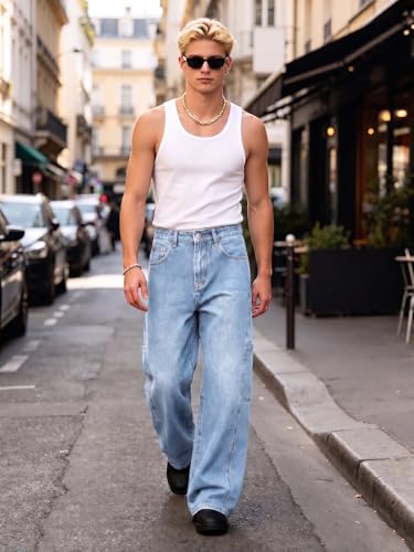 Image of EMMIOL Men's Baggy Wide Leg Jeans, Striped Y2K Hip Hop Skater Denim Pants, Loose Fit Streetwear Jeans