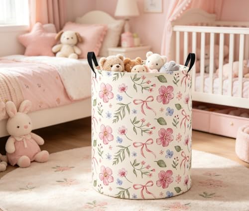 Image of Baby Laundry Basket Baby Nursery Hamper Kids Laundry Basket Toy Storage Bin for Boys Room Decor Gift Baskets for Bedroom Bathroom(Watercolor Flower)