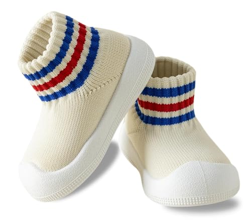 Image of Baby Sock Shoes Toddler Walking Slippers with Soft Rubber Sole | Non-Slip Breathable Stripes Shoes for Infant Boys Girls Slip On Sneakers