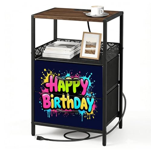 Night Stand with Charging Station Bedside Table with 2 Fabric Drawers Neon Happy Birthday Colorful Graffiti Splash Paint Kids Glow Dark Bedroom Nightstand with USB Ports & Outlets Open Shelf Black