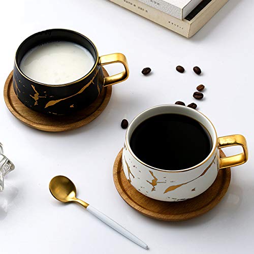 ENJOHOS 10 Oz Ceramic Tea Cup Coffee Cup Set with Wooden Saucer European Golden Hand Cup Saucer Set(White)