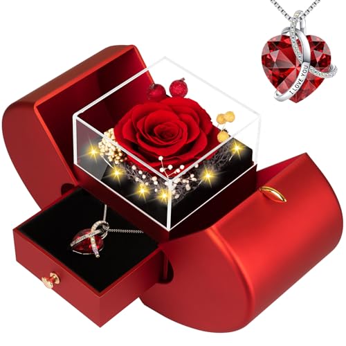 Product Image of the BNWXOY Preserved Real Red Rose with l Love You Necklace -Birthday Gifts for Women Mom Her Wife Girlfriend Grandma on Valentines Mothers Day Christmas Anniversary Romantic-Red