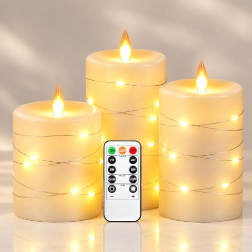 Da by 3 Stück Elfenbein Paraffin LED Kerzen mit Feenlichtkette, Realistische Flackerflamme… – Ansicht 1