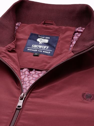 Image of SHOWOFFFF Men Solid Bomber Jacket | Mock Collar Full Sleeves Nylon Jacket for Mens | Slim Fit Regular Length Jacket for Men's