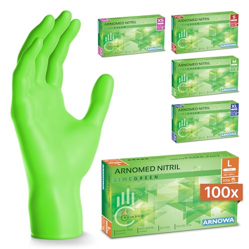 100x ARNOMED® Guantes nitrilo talla L Verde, Guantes desechables quirurgicos y laboratorio, Luvas nitrilo descartaveis sin polvo y látex, Manoplas nitrilo en XS, S, M, L, XL, XXL