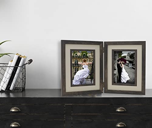 Yipinyin Carbonized Wood Effect Double Picture Frame 5 X 7'' With Inlay And Mount For 5 X 7''. Wood Pattern Picture Frames With Glass Front For Desktop Or Wall Mounted #TOP4
