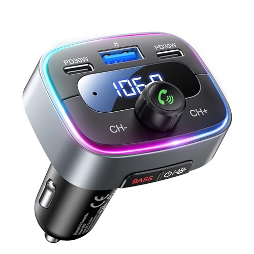 LENCENT Transmetteur FM Bluetooth 5,4 Voiture Adaptateur Bluetooth 60W PD 30W Double USB-C Charge Rapide Auto Music Adaptateur Mains Libres Rétroéclairage...