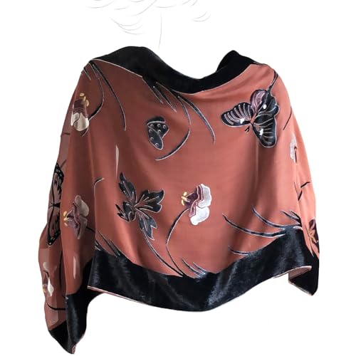 Silk Base Burn-out Velvet Oblong Shawl Scarf, Butterfly and Flora pattern, Dark Rusty Brown