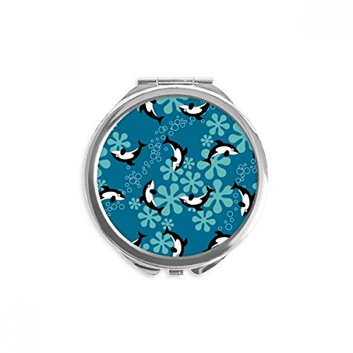 Miroir rond maquillage portable motif dauphins baleines en format de poche 2.6x2.4 pouces