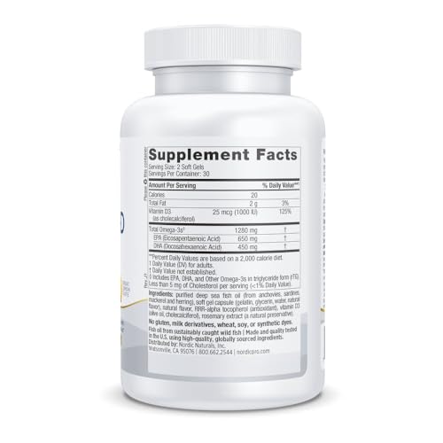Image of Nordic Naturals ProOmega-D, Lemon Flavor - 60 Soft Gels - 1280 mg Omega-3 + 1000 IU D3 - High-Potency Fish Oil - EPA & DHA - Brain, Eye, Heart, & Immune Health - Non-GMO - 30 Servings
