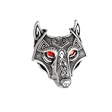 Viking Wolf Brooch Pin, Norse Medieval Design, Stainless Steel Red Eyes Wolf