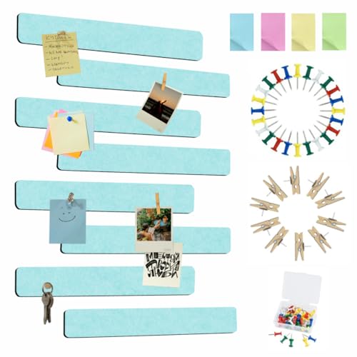 Vuzvuv 8 pcs Bulletin Board Bar Strips with 50 Pushpins & 10 Wooden Clip pins，Self Adhesive Cork Board for Wall，Felt Pin Board for School，Office Decor(Mint Green)