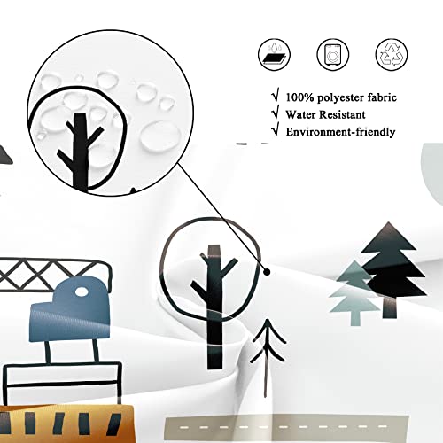 Riyidecor Construction Truck Shower Curtain For Bathroom Decor 60Wx72H Cartoon Excavator For Boys Kids Machinery Navy Blue Yellow Trees Art Printed Fabric Polyester Waterproof 12 Pack Plastic Hooks #TOP4
