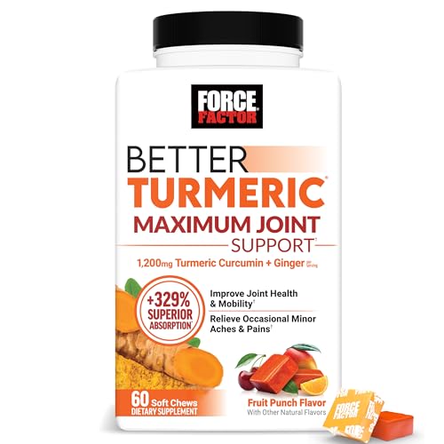 FORCE FACTOR Better Turmeric Maximum Joint Support, 1075mg Curcumin with Ginger to Support Mobility, Flexibility & Comfort, Chews More Convenient Than Turmeric Gummies, Fruit Punch, 60 Soft Chews