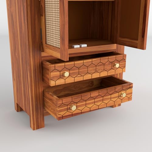 Image of PS DECOR Solid Sheesham Wood Book Shelf Cabinet with Cane Rattan Doors & 2 Drawers | Modern Wooden Bookshelf Storage Unit for Home Library, Living Room & Office (Honey Finish)