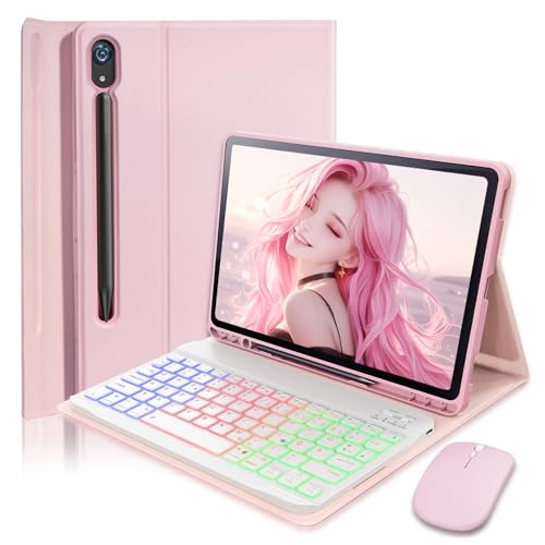 für Samsung Galaxy Tab S10 Lite/S10 FE (2025)/S9 FE/Tab S9(2023)/Tab S8 (2022)/Tab S7(2020) 10 9-11 Zoll Hülle mit Bluetooth Beleuchtete Farbige Deutsch Tastatur(QWERTZ)und Maus Backlit Keyboard Case