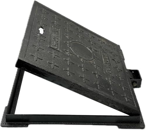 Cast Iron Manhole Cover and Frame, Heavy Duty B125 Septic Tank Lid with Base, Square Sewage Basin Lid, Black Metal Inspection Cover,Non-Slip Reinforced Sewage Basin Cover. (15.7in)