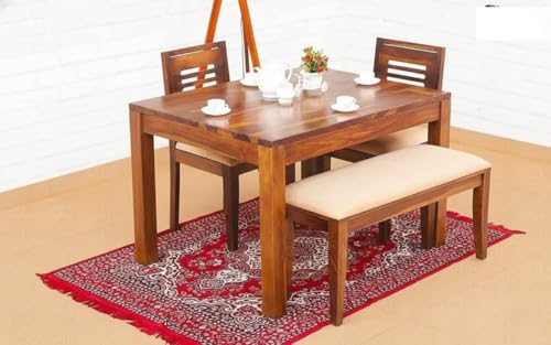 Image of RECTART Solid Wood Dining Table Set with Chairs for Living Room Home | Wooden Dining Room Sets Furniture for Hotels and Restaurants | (Natural Teak Urban, 4 Seater with Bench)