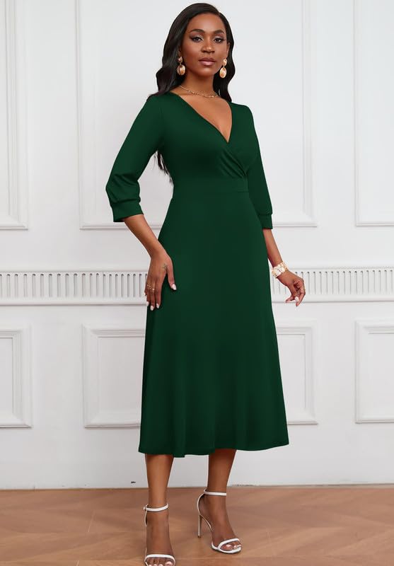 Image of MarryUP Womens Casual Dress Wrap V-Neck Elegant Wedding Guest Midi Dress 3 /4 Sleeve Solid High Waist Dark Green XL