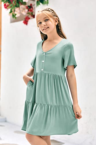 Tymidy Girls Casual Dress Summer Button V Neck Short Sleeve Ruffle Hem Flowy Swing Mini Dresses3
