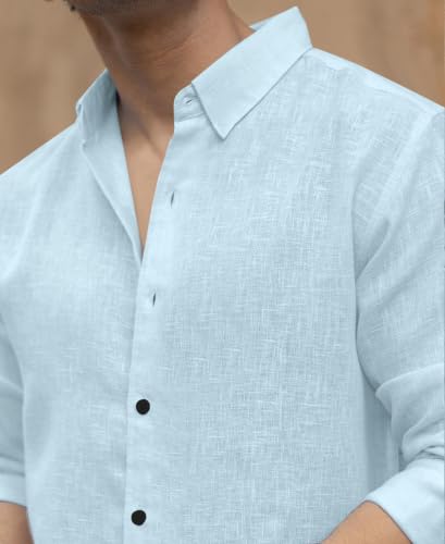 Image of NexaFlair Men's Shirt Regular Fit Solid Pattern Linen Cotton with Long Sleeve Collared Neck Standard Length and Button Down Closure Type | Mens Casual Shirts | Man's Formal Shirts