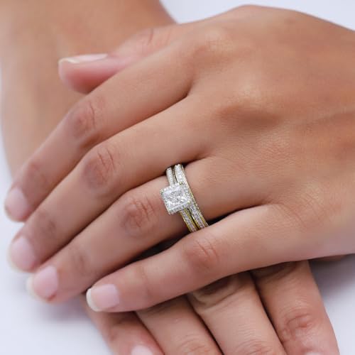 6MM Center Princess Cut Bridal Set Ring 2 Cttw Lab Created Moissanite Halo Engagement Wedding Ring For Women In 14K Gold Plated Sterling Silver (Clarity-VVS1)3