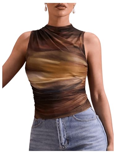 GORGLITTER Women's Sleeveless Mock Neck Tops Tie Dye Ruched Tank Top Going Out Tops