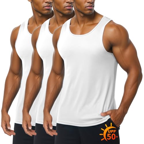 ZITY Men's 3 Pack Tank Tops UPF 50+ Fast Dry Sleeveless Shirt Breathable Lightweight Workout Gym Muscle Fitness T Shirts White Large