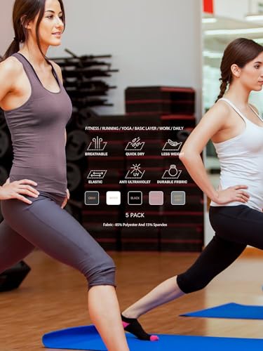 TELALEO 5 Pack Workout Tank Tops for Women, Athletic Racerback Sports Tank Top, Loose Sleeveless Dry Fit Shirts Black/Grey/White/Light Grey/Purple L2