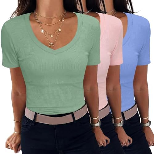 Aottori 3er Pack T-Shirt Damen V-Ausschnitt Gerippt Basic Top Kurzarm | Rippshirt, Oberteile Kurzarm, Slim Fit, Stretch, Eng, Casual, Elegant, Einfarbig, für Sommer Alltag Freizeit