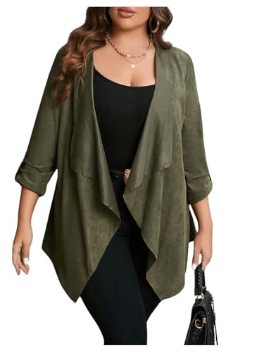 Image of Floerns Women's Plus Size Waterfall Collar Roll Up Sleeve Open Front Cardigan Army Green 2XL