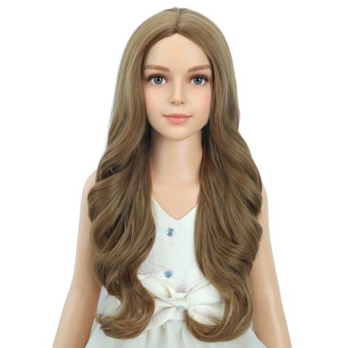 Image of PATTNIUM Kids Child Brown Wig Long Curly Wavy Light Brown Wigs for Girls Middle Part Shoulder Length Synthetic Wig with Wig Cap