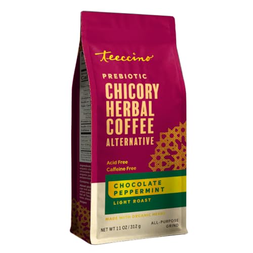 Teeccino Chocolate Peppermint Chicory Coffee Alternative -11 Ounce - Ground Herbal Coffee That’s Prebiotic, Caffeine Free & Acid Free, Light Roast