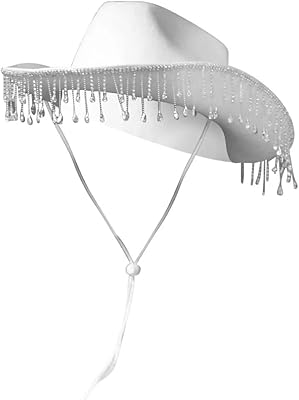 Fullishment White Cowgirl Hat,Blinking Sequin Bride Cowboy Hat with Veil White Princess Hat for Halloween,Bachelorette Party