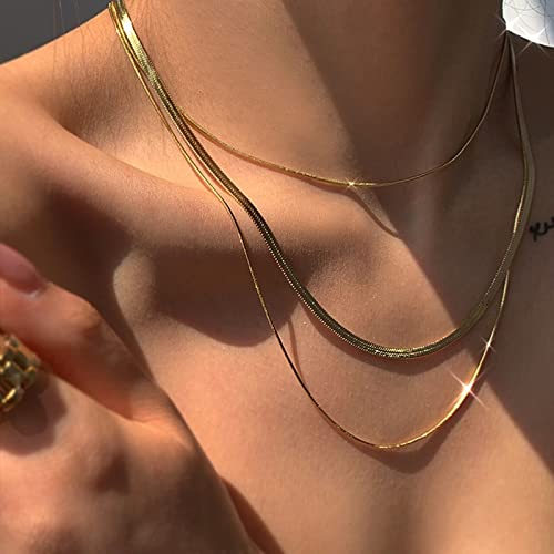 Ritelzota Gold Layered Necklace For Woman 14K Gold Plated 3 Layeded Herringbone Necklace, Dainty Flat Snake Gold Chain Choker Necklace Jewelry For Woman/Girls(3 Pc Set Herringbone Chain) #TOP5