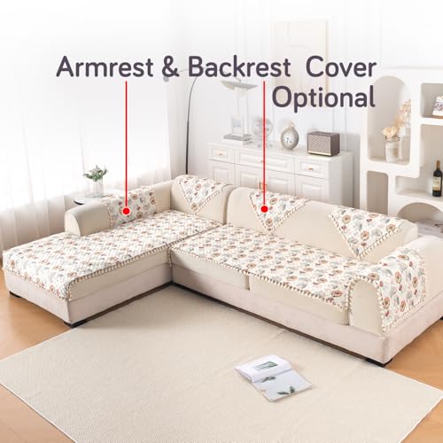 Image of HOKIPO Wildflower Breeze L Shape (3+2 Seater) Sofa Seat Mat with Tassel| Quilted Sofa Cover Mat, 'Tassel Twigs' Series (IN-984-T7 + IN-986-T7)