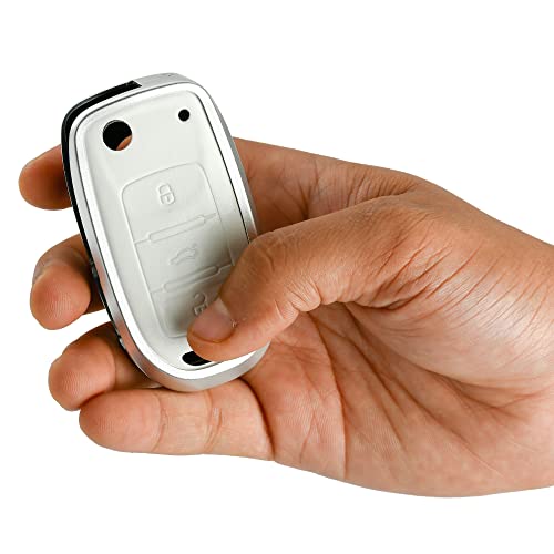 Image of KMH Aluminium Alloy with Leather Car Key Cover Compatible for Volkswagen Polo Vento Jetta Ameo Passat and Skoda Rapid Laura Superb Octavia Fabia Yeti 3 Button Smart Key