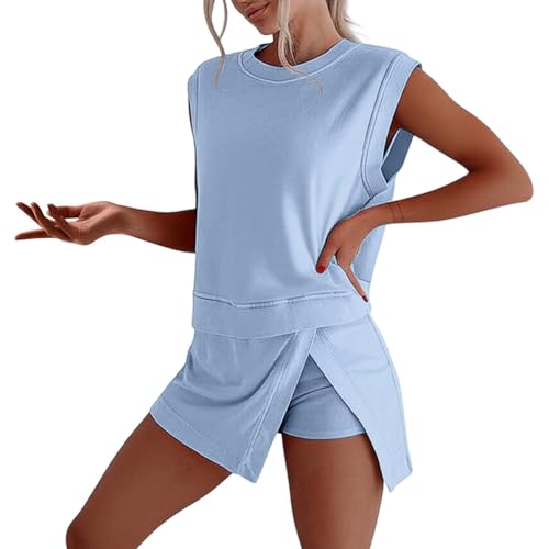 2 Piece Sets for Women Summer Shorts Sleeveless Casual Tank Tops and Athletic Skirts with Shorts Solid Lounge Set A-Sky Blue