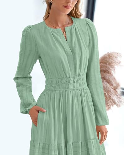 BTFBM Fall Dresses for Women 2025 Casual Long Sleeve V Neck Elastic Waist Lightweight Maxi Wedding Guest Dress Pockets