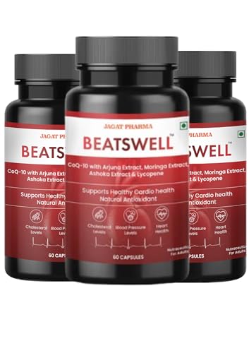 Image of Jagat Pharma Beatswell - Heart Health Supplement with Arjuna, CoQ10, Moringa & Lycopene | 60 Capsules | WHO-GMP Certified | Lab Tested | Natural Cardio Support (Pack of 3)
