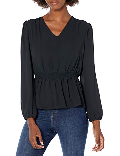 Amazon Brand - Lark & Ro Women's Georgette Blouson Long Sleeve V-Neck Smocked Waist Peplum Blouse, BLACK, Medium