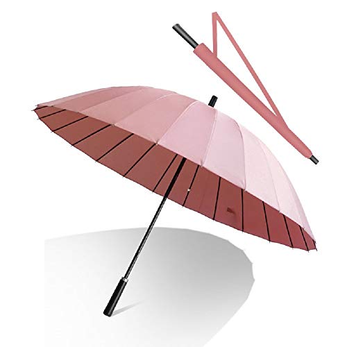 Happy GO 傘 長傘 日傘 70cm/24本 強化グラスファイバー傘骨 耐強風 130cm広い傘面 3人カバー可能 撥水加工 大きな取っ手 男女兼用 収納ポーチ付き （ピンク）