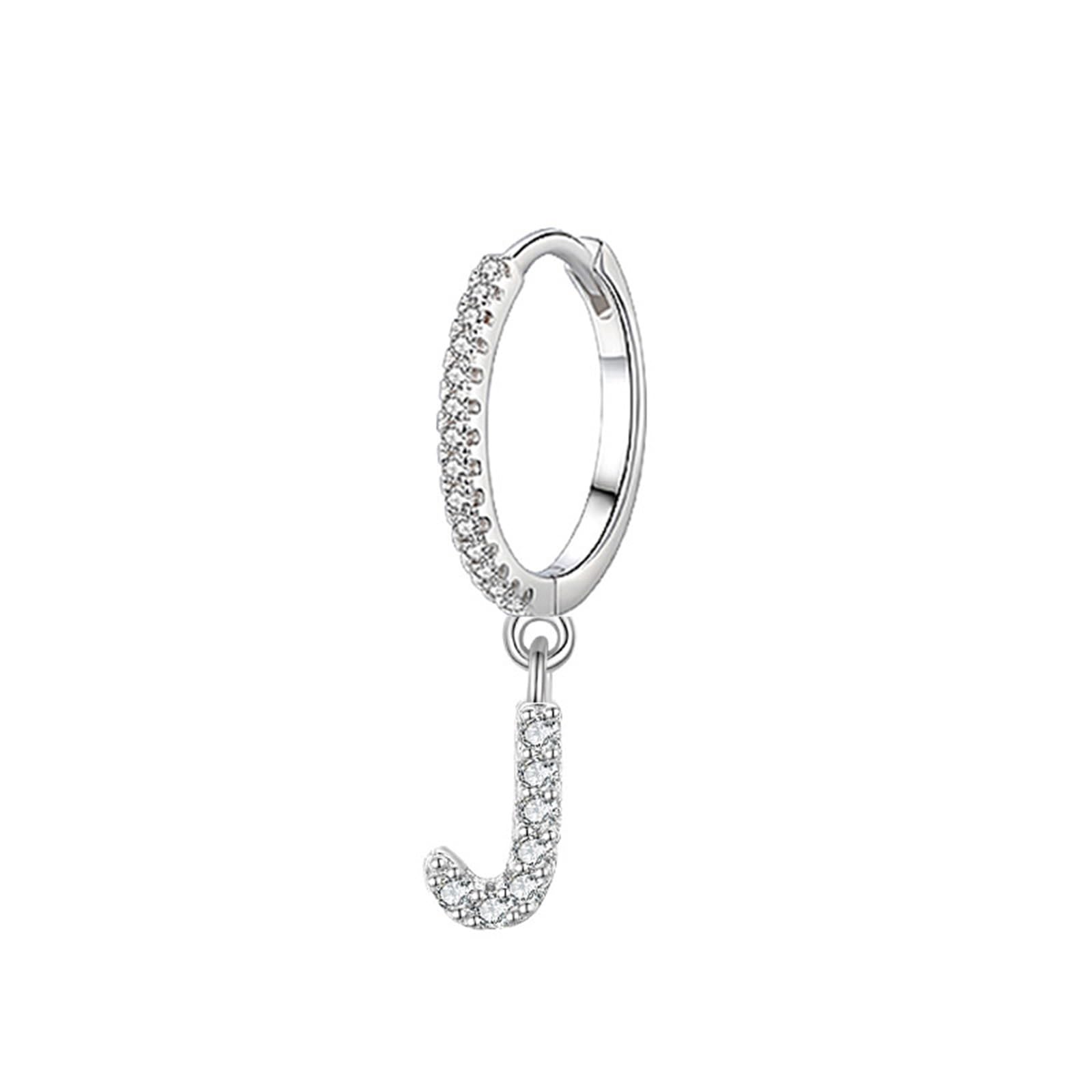 Pendientes de aro pequeños de oro blanco de 9 quilates para mujer, oro blanco de 9 quilates, pendientes de oro real con moissanita blanca para novia, oro blanco de 9 quilates, letra J
